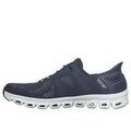 The Skechers Women's Slip-In Glide Step Amore Navy WIDE WIDTH Trainer features a mesh upper, white ventilated sole, Air-Cooled Memory Foam for comfort, and Hands Free Slip-ins branding near the heel. Left side view shown., 198739311068, 198739311082, 198739311105, 198739311129, 198739311143, 198739311150