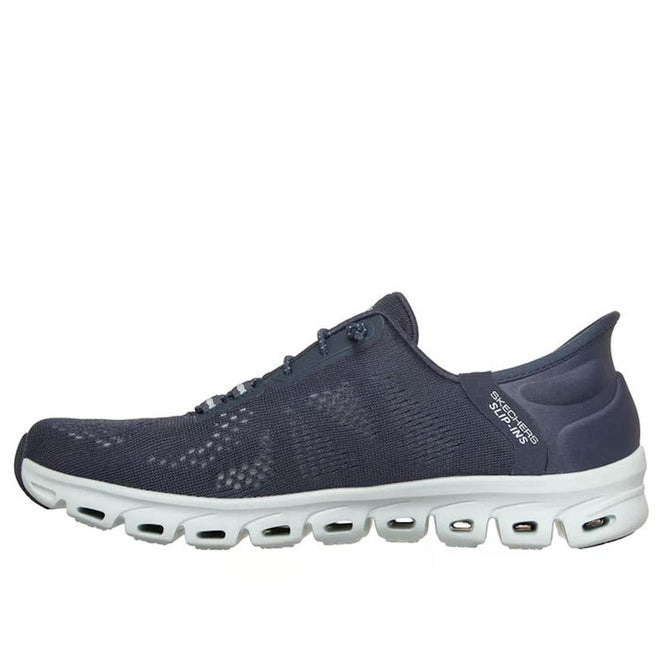 The Skechers Women's Slip-In Glide Step Amore Navy WIDE WIDTH Trainer features a mesh upper, white ventilated sole, Air-Cooled Memory Foam for comfort, and Hands Free Slip-ins branding near the heel. Left side view shown., 198739311068, 198739311082, 198739311105, 198739311129, 198739311143, 198739311150