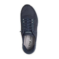 A top view of the Skechers Womens Slip In Glide Step Amore Navy WIDE WIDTH Trainer shows black and white laces, mesh upper, Air-Cooled Memory Foam insole, and a visible Skechers logo on the insole., 198739311068, 198739311082, 198739311105, 198739311129, 198739311143, 198739311150