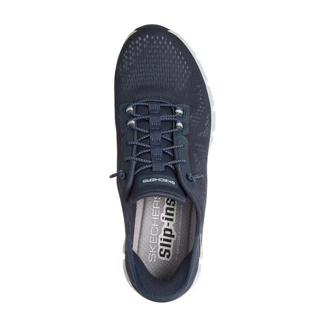 A top view of the Skechers Womens Slip In Glide Step Amore Navy WIDE WIDTH Trainer shows black and white laces, mesh upper, Air-Cooled Memory Foam insole, and a visible Skechers logo on the insole., 198739311068, 198739311082, 198739311105, 198739311129, 198739311143, 198739311150