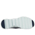 The image shows the bottom view of the Skechers Womens Slip In Glide Step Amore Navy WIDE WIDTH Trainer, highlighting its segmented white rubber sole with textured patterns and deep horizontal grooves for flexibility and grip., 198739311068, 198739311082, 198739311105, 198739311129, 198739311143, 198739311150