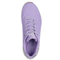 Top view of a single Skechers Uno Shimmer Away Lilac Trainer Pull On with laces, perforated toe details, Air-Cooled Memory Foam insole, and Skechers logo on the insole and tongue., 38381, 38382, 197627487144, 38384, 197627487168, 38386, 197627487182, 38388, 38389, 38390