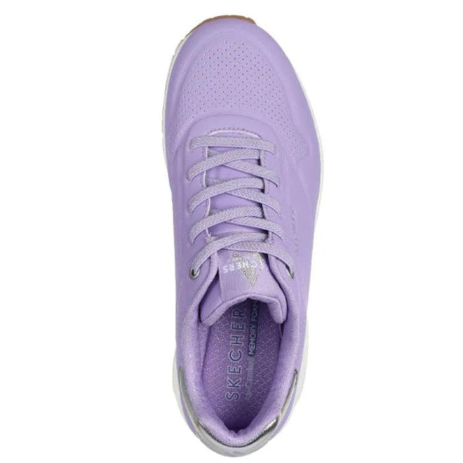 Top view of a single Skechers Uno Shimmer Away Lilac Trainer Pull On with laces, perforated toe details, Air-Cooled Memory Foam insole, and Skechers logo on the insole and tongue., 38381, 38382, 197627487144, 38384, 197627487168, 38386, 197627487182, 38388, 38389, 38390