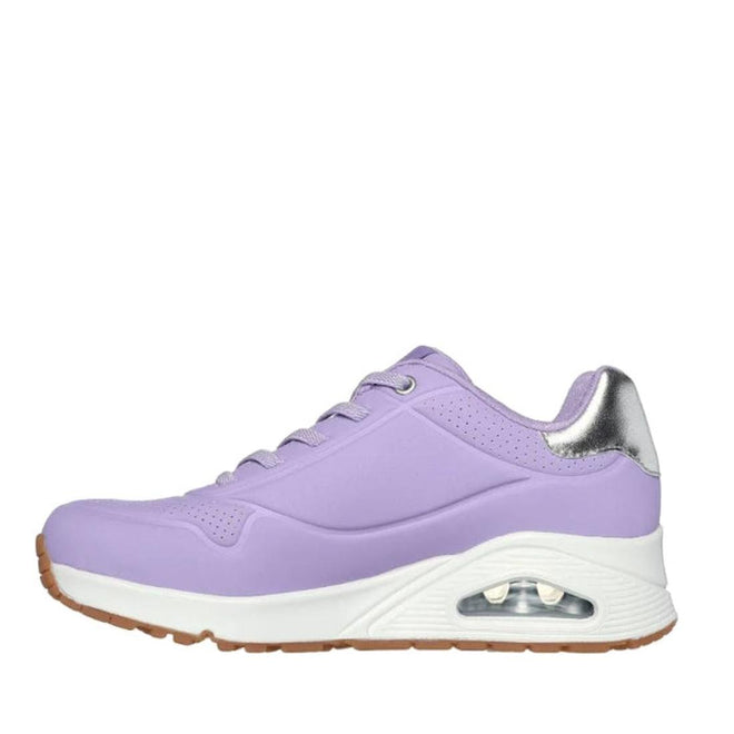 The Skechers Uno Shimmer Away Lilac Trainer Pull On is shown in a side profile, featuring a white sole with visible air cushion, gum outsole, metallic silver heel accent, and Air-Cooled Memory Foam for all-day comfort., 38381, 38382, 197627487144, 38384, 197627487168, 38386, 197627487182, 38388, 38389, 38390