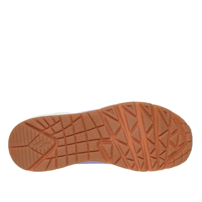 The image shows the sole of a Skechers Uno Shimmer Away Lilac Trainer Pull On with a brown rubber outsole featuring geometric traction patterns and grooves for grip., 38381, 38382, 197627487144, 38384, 197627487168, 38386, 197627487182, 38388, 38389, 38390