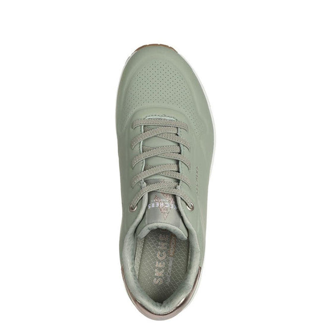 Top view of a single Skechers Uno Shimmer Away Sage Trainer Pull On with laces, perforated toe, Air-Cooled Memory Foam insole, and white sole, shown on a white background., 38391, 38392, 197627201382, 38394, 197627201405, 38396, 197627201429, 38398, 38399, 38400