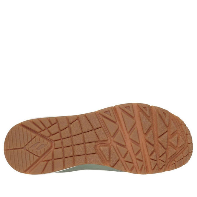 The image shows the bottom view of a Skechers Uno Shimmer Away Sage Trainer Pull On sole with textured brown rubber tread and geometric patterns for grip and traction., 38391, 38392, 197627201382, 38394, 197627201405, 38396, 197627201429, 38398, 38399, 38400