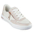 The right side and front view of a Skechers Arch Fit Arcade On The Fly Off White womens sneaker with a zipper detail and laces with a white sole on a white background. A mix of canvas and Synthetic leather upper.