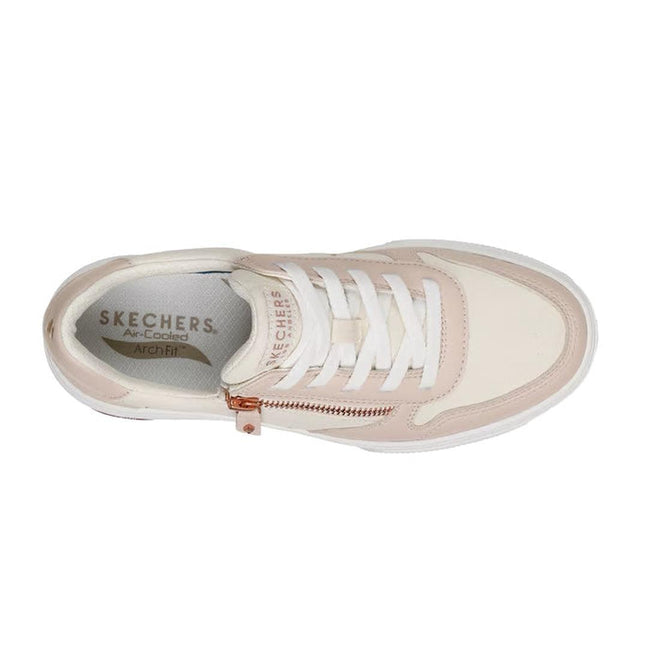 The top down view of the womens Skechers Arch Fit Arcade On The Fly Off White sneaker with a zipper on the outer side of the laces. Showing the shinner upper of synthetic and the balance in canvas on a white background.,
198739029079,
198739029093,
198739029116,, 46207, 46208, 198739029079, 46210, 198739029093, 46212, 198739029116, 46214, 46215, 46216