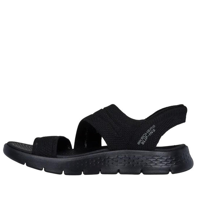 Right foot, inner foot view of a Skechers Enticing Slip In  in Black sandal with 'Skechers' branding on a white background. Showing the heel strap, padded sole and straps over the top of the foot and toes.,
197627456614,
197627456621,
197627456638,
197627456645,
197627456652,