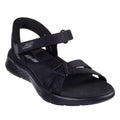 Black Skechers slip in Illuminate sandal with rigid heel but padded heel strap that allows the foot to slip in. Velcro adjustable strap over the top of the foot, thin strap on the outer foot that attachs to the double straps over the toe  white sole on a white background.,