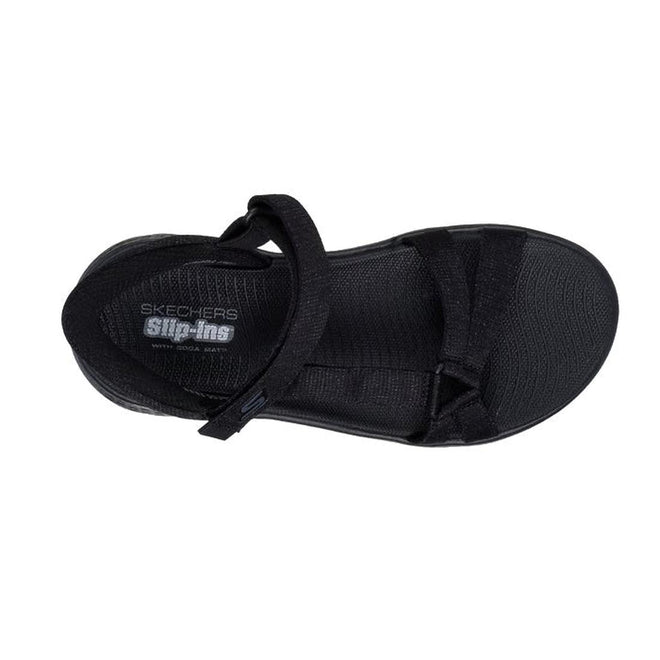 Top down view of Skechers Illuminate Slip InBlack sandal with 'Skechers' branding on a white background. Show straps over the top of the foot & toes.,
197627456096,
197627456102,
197627456119,