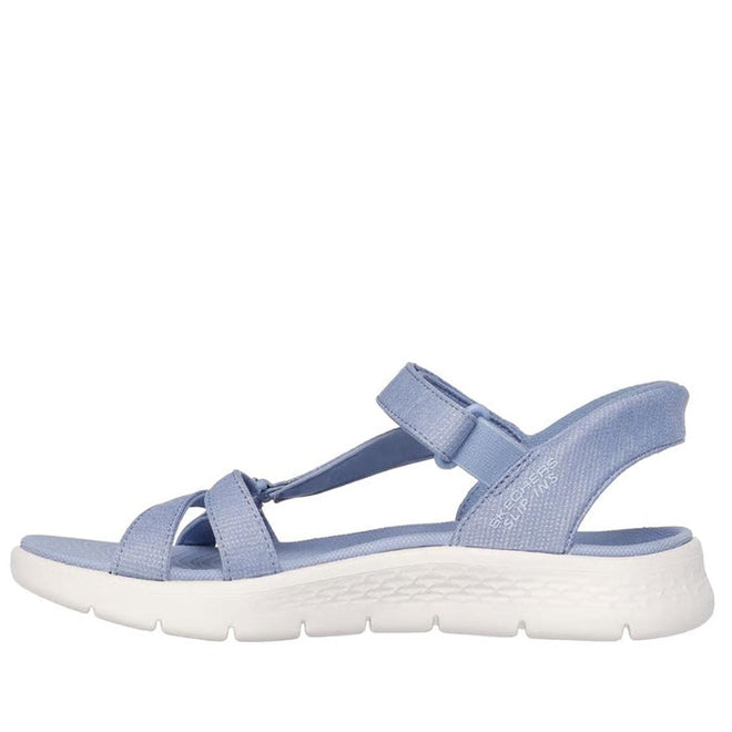 Side view of outer foot of Skechers Illuminate slip in Blue sandal with white sole on a white background.,
198739039092,
198739039108,
198739039115,