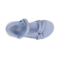 Top down view of Skechers Illuminate Slip In Light blue sandal with 'Skechers' branding on a white background. Show straps over the top of the foot & toes.,
198739039092,
198739039108,
198739039115,