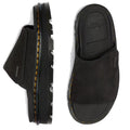 The Dr Martens Zebzag Black EH Suede Slide Sandal features thick, rugged air-cushioned soles with visible yellow stitching and black EH Suede uppers, shown from side and top views., 190665790689, 190665790696, 190665790702, 190665790726, 190665790733, 52118