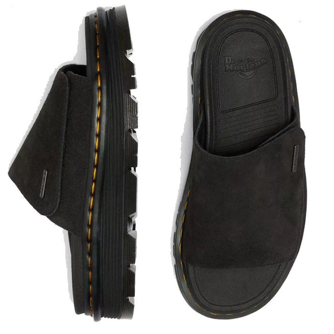 The Dr Martens Zebzag Black EH Suede Slide Sandal features thick, rugged air-cushioned soles with visible yellow stitching and black EH Suede uppers, shown from side and top views., 190665790689, 190665790696, 190665790702, 190665790726, 190665790733, 52118