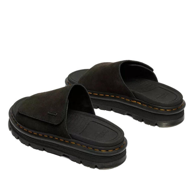 The Dr Martens Zebzag Black EH Suede Slide Sandal features thick, rugged soles, slip-on design, visible edge stitching, EH Suede uppers, and a slightly raised back heel for added comfort., 190665790689, 190665790696, 190665790702, 190665790726, 190665790733, 52118