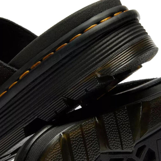 Close-up of Dr Martens Zebzag Black EH Suede Slide Sandal featuring detailed yellow stitching, textured rubber soles, a ribbed heel, and sturdy air-cushioned sole construction that highlights expert craftsmanship., 190665790689, 190665790696, 190665790702, 190665790726, 190665790733, 52118