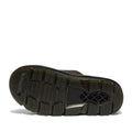The image shows the black rubber sole of the Dr Martens Zebzag Black EH Suede Slide Sandal. It features a rugged tread with deep grooves, a textured surface, and a rectangular geometric design near the center on a plain white background., 190665790689, 190665790696, 190665790702, 190665790726, 190665790733, 52118