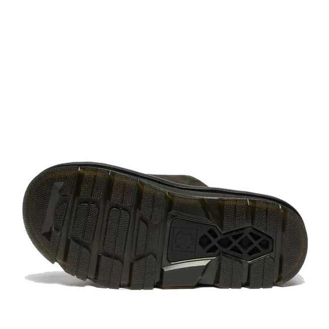 The image shows the black rubber sole of the Dr Martens Zebzag Black EH Suede Slide Sandal. It features a rugged tread with deep grooves, a textured surface, and a rectangular geometric design near the center on a plain white background., 190665790689, 190665790696, 190665790702, 190665790726, 190665790733, 52118