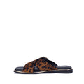 The Soultbush Luca Leopard Womens Sandal Slide features wide, crisscrossed leopard-print synthetic straps and a black sole accented with a slim metallic trim, making it an effortlessly stylish choice for warm-weather days.