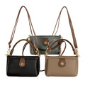 Three Sassy Duck Trinity handbags in black, gray, and beige with brown straps, showing the detachable handles and shoulder straps on a white background.,
44734,
44735,
44736,