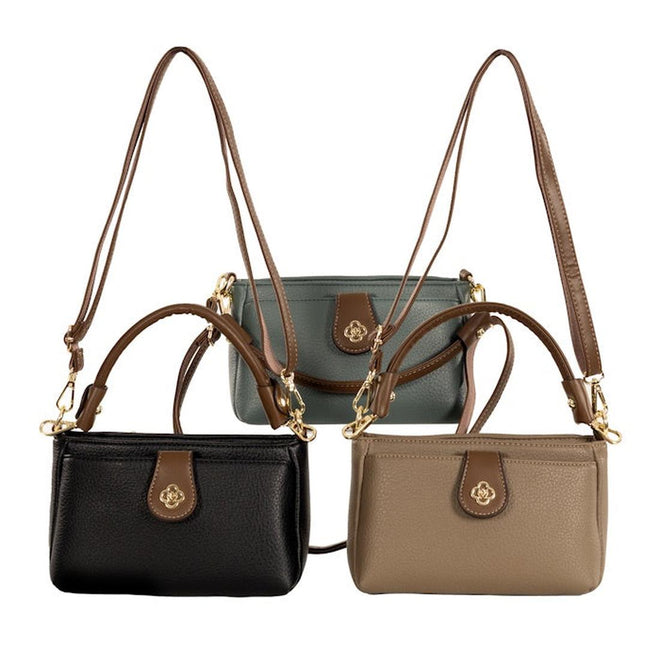 Three Sassy Duck Trinity handbags in black, gray, and beige with brown straps, showing the detachable handles and shoulder straps on a white background.,
44734,
44735,
44736,