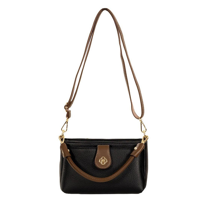 Black Sassy Duck Black handbag with brown accents, showing detachable handle and shoulder straps on a white background.,
44734