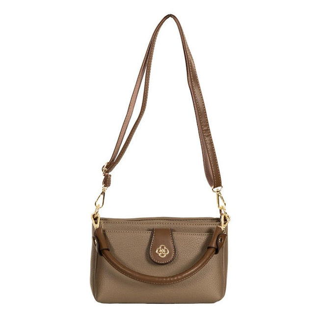  Sassy Duck Brown Hazelnut handbag with brown accents, showing detachable handle and shoulder straps on a white background.,