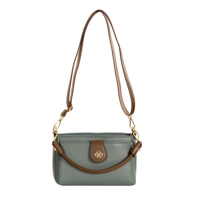 teal Sassy Duck Black handbag with brown accents, showing detachable brown handle and shoulder straps on a white background.,
44735,
