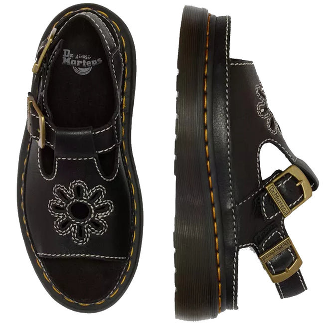 A pair of Dr Martens Dunnet Flower Sandal Black Quad Platform with a 90s-inspired design, platform sole, white stitching, double metal buckles, and floral cutout toe; one sandal shown from the top, the other from the side., 190665809190, 190665809206, 190665809213, 190665809237, 190665809244, 52092