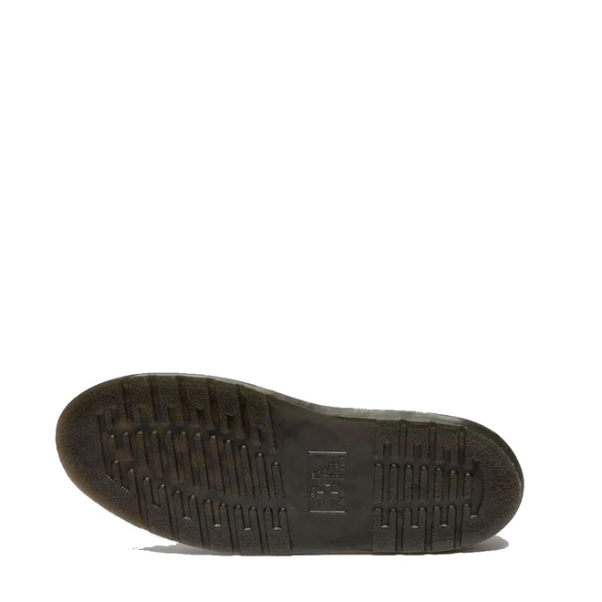 The image shows the bottom view of the Dr Martens Dunnet Flower Sandal Black Quad Platform, highlighting its black sole with a textured tread and rectangular grooves, set against a plain white background., 190665809190, 190665809206, 190665809213, 190665809237, 190665809244, 52092