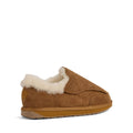 The EMU FlexiCare Wide Opening Sheepskin Slippers in chestnut feature a rubber sole and soft white faux fur lining, shown in side profile against a white background—ideal for anyone wanting the comfort of sheepskin slippers., 9330071990957, 9330071990964, 9330071990971, 9330071990988, 9330071990995, 9330071991008, 52510, 52511, 52512