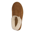 The EMU FlexiCare Wide Opening Sheepskin Slippers in Chestnut feature a brown suede upper, plush white fleece lining, and a tan rubber sole, shown from above on a white background., 9330071990957, 9330071990964, 9330071990971, 9330071990988, 9330071990995, 9330071991008, 52510, 52511, 52512