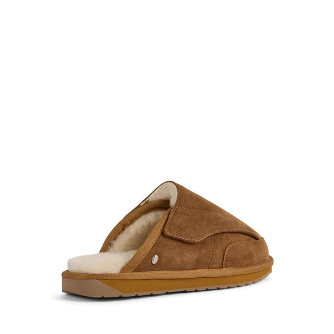 The EMU FlexiCare Wide Opening Sheepskin Scuff Chestnut Slipper, a unisex brown suede slipper with a tan rubber sole and plush cream lining, is shown at an angle on a white background., 9330071991091, 9330071991107, 9330071991114, 9330071991121, 9330071991138, 9330071991145, 52528, 52529, 52530