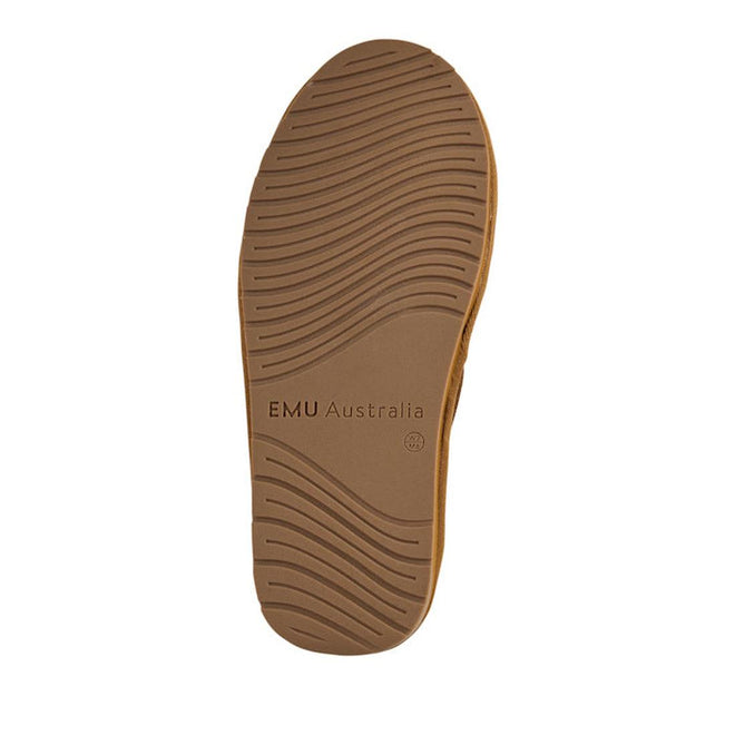 The sole of the EMU FlexiCare Wide Opening Sheepskin Scuff Chestnut Slipper features wavy tread patterns and "EMU Australia" embossed in the center, displayed against a plain white background., 9330071991091, 9330071991107, 9330071991114, 9330071991121, 9330071991138, 9330071991145, 52528, 52529, 52530