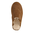 A top view of the EMU FlexiCare Wide Opening Sheepskin Scuff Chestnut Slipper in brown suede with a soft, white, fluffy lining, displayed on a white background., 9330071991091, 9330071991107, 9330071991114, 9330071991121, 9330071991138, 9330071991145, 52528, 52529, 52530