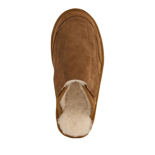 A top view of the EMU FlexiCare Wide Opening Sheepskin Scuff Chestnut Slipper in brown suede with a soft, white, fluffy lining, displayed on a white background., 9330071991091, 9330071991107, 9330071991114, 9330071991121, 9330071991138, 9330071991145, 52528, 52529, 52530
