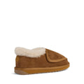 The EMU FlexiCare Wide Opening WIDE Width Sheepskin Slippers in Chestnut feature brown suede, a tan rubber sole, plush white lining, closed toe, low back, and an adjustable Velcro top flap for comfort and easy fit., 9330071991237, 9330071991244, 9330071991251, 9330071991268, 9330071991275, 9330071991282, 52519, 52520, 52521
