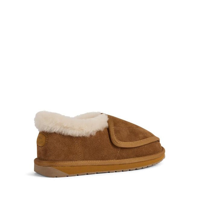 The EMU FlexiCare Wide Opening WIDE Width Sheepskin Slippers in Chestnut feature brown suede, a tan rubber sole, plush white lining, closed toe, low back, and an adjustable Velcro top flap for comfort and easy fit., 9330071991237, 9330071991244, 9330071991251, 9330071991268, 9330071991275, 9330071991282, 52519, 52520, 52521