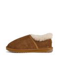 The EMU FlexiCare Wide Opening WIDE Width Sheepskin Slippers in Chestnut feature a brown suede upper, light tan rubber sole, plush white lining, and wide width for extra comfort, shown in side profile on a plain white background., 9330071991237, 9330071991244, 9330071991251, 9330071991268, 9330071991275, 9330071991282, 52519, 52520, 52521