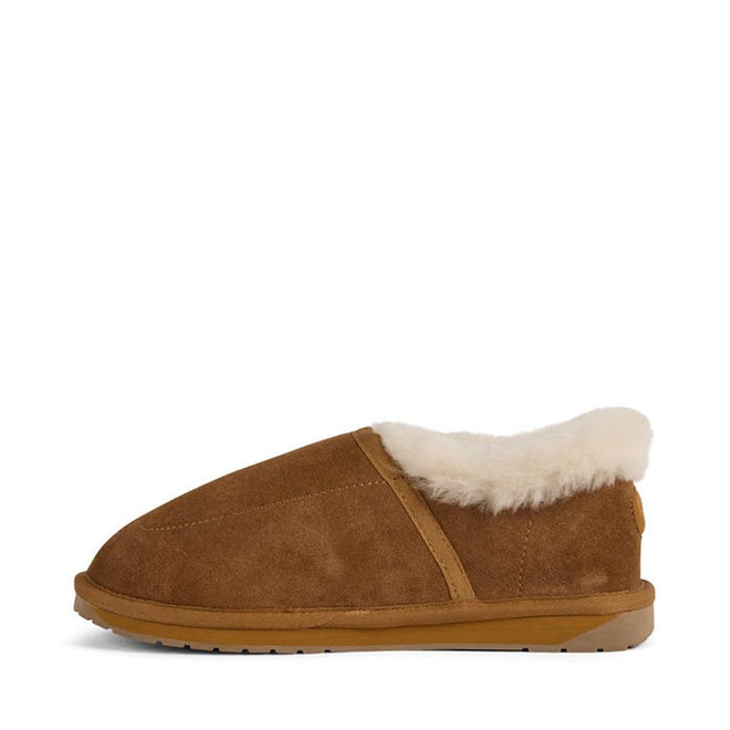 The EMU FlexiCare Wide Opening WIDE Width Sheepskin Slippers in Chestnut feature a brown suede upper, light tan rubber sole, plush white lining, and wide width for extra comfort, shown in side profile on a plain white background., 9330071991237, 9330071991244, 9330071991251, 9330071991268, 9330071991275, 9330071991282, 52519, 52520, 52521