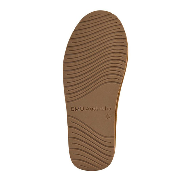 The image shows the sole of EMU FlexiCare Wide Opening WIDE Width Sheepskin Slippers in Chestnut, featuring brown rubber with wavy tread patterns and "EMU Australia" embossed in the center., 9330071991237, 9330071991244, 9330071991251, 9330071991268, 9330071991275, 9330071991282, 52519, 52520, 52521