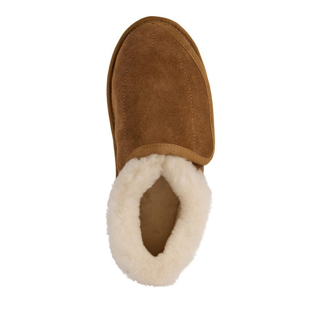 The EMU FlexiCare Wide Opening WIDE Width Sheepskin Slipper in Chestnut features a single rounded toe and white fluffy lining, viewed from above on a white background., 9330071991237, 9330071991244, 9330071991251, 9330071991268, 9330071991275, 9330071991282, 52519, 52520, 52521