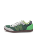 The Woden Nanna Apple Green Multi Lace Up Sneaker features a green and gray ultralight design with brown sole, white laces, lime green details, a dotted N logo, and suede accents—shown on a white background for a sleek, travel-friendly look.