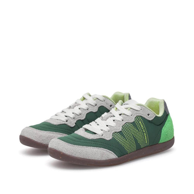 The Woden Nanna Apple Green Multi Lace Up Sneaker features green and gray mesh, gray suede accents, white laces, a patterned W detail, dark rubber soles, and a light green inner lining for a stylish, travel-friendly look., 50250, 5713326697834, 5713326697841, 5713326697858, 50253