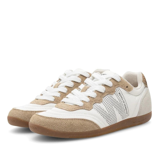 The Woden Nanna Blanc De Blance White Lace Up Sneaker features white leather uppers, beige suede accents, perforated side stripes, white laces, and gum soles, shown angled on a white background., 50285, 5713326712193, 5713326712209, 5713326712216, 50289