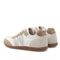 The Woden Nanna Blanc De Blance White Lace Up Sneaker features a white and beige design, suede accents, brown textured heels, perforated sides, and gum rubber soles, shown against a white background., 50285, 5713326712193, 5713326712209, 5713326712216, 50289