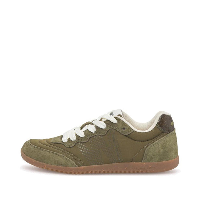 The Woden Nanna Dark Olive Lace Up Sneaker features suede and leather accents, white laces, a brown rubber sole, and low-profile design with WODEN Natural Soft Technology, shown in side view on a white background.