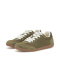 The Woden Nanna Dark Olive Lace Up Sneaker features olive green suede, white laces, brown gum soles, and WODEN Natural Soft Technology for comfort. Lightweight and travel-friendly, they're shown side by side on a plain white background., 5713326697506, 5713326697513, 5713326697520, 5713326697537, 5713326697544, 5713326697551